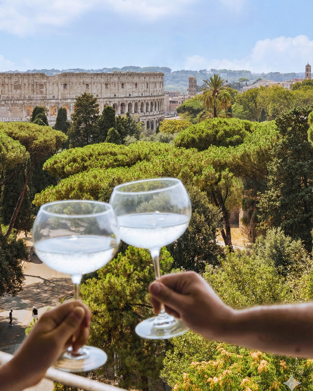 Due calici alzati in brindisi davanti alla vista del Colosseo e del verde del parco.